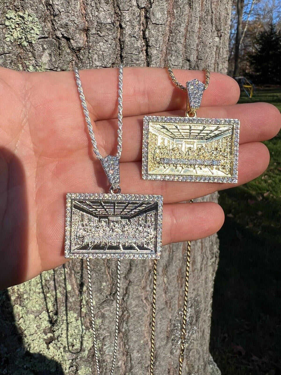 Real MOISSANITE 925 Silver Gold Plated Iced Jesus Last Supper Pendant Necklace)