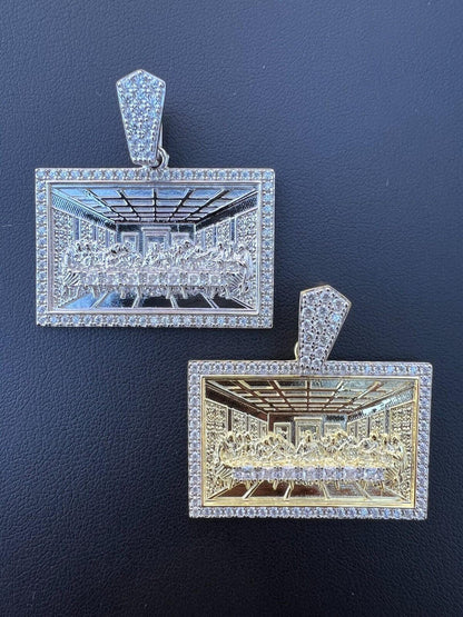 Real MOISSANITE 925 Silver Gold Plated Iced Jesus Last Supper Pendant Necklace)