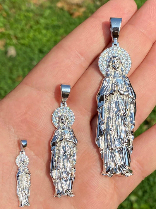 Real MOISSANITE 925 Silver Virgin Mary Guadalupe Pendant Iced Necklace - 3 Sizes