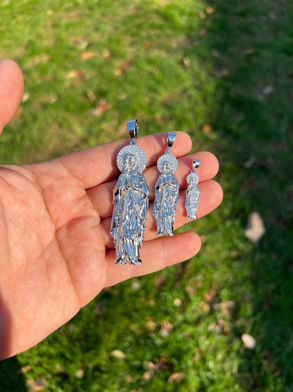 Real MOISSANITE 925 Silver Virgin Mary Guadalupe Pendant Iced Necklace - 3 Sizes