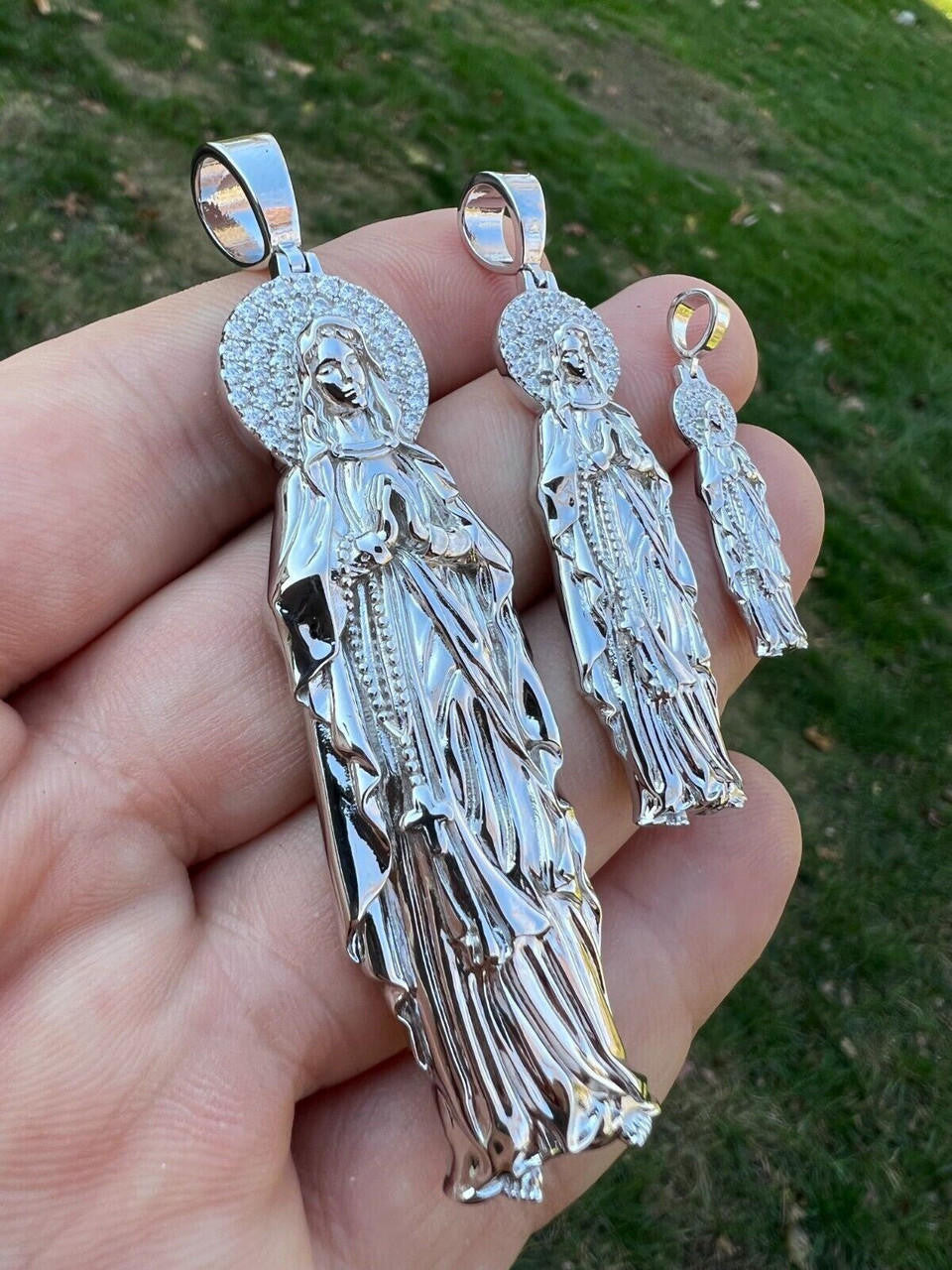 Real MOISSANITE 925 Silver Virgin Mary Guadalupe Pendant Iced Necklace - 3 Sizes