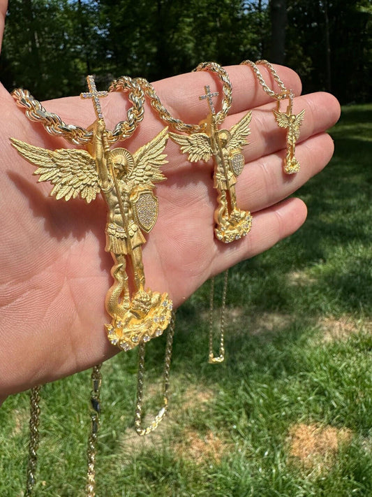 Real MOISSANITE Saint Michael Slaying Dragon Pendant 14k Gold Vermeil 925 Silver