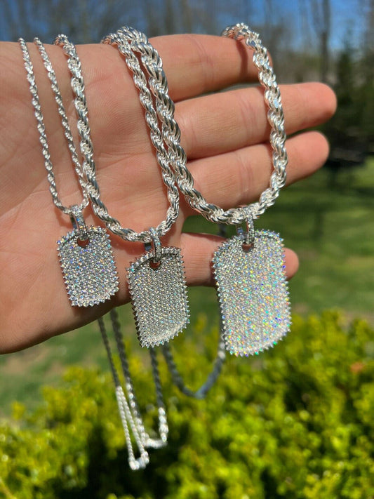 Real MOISSANITE Solid 925 Silver Dog Tag Iced Hip Hop Pendant Necklace - 3 Sizes