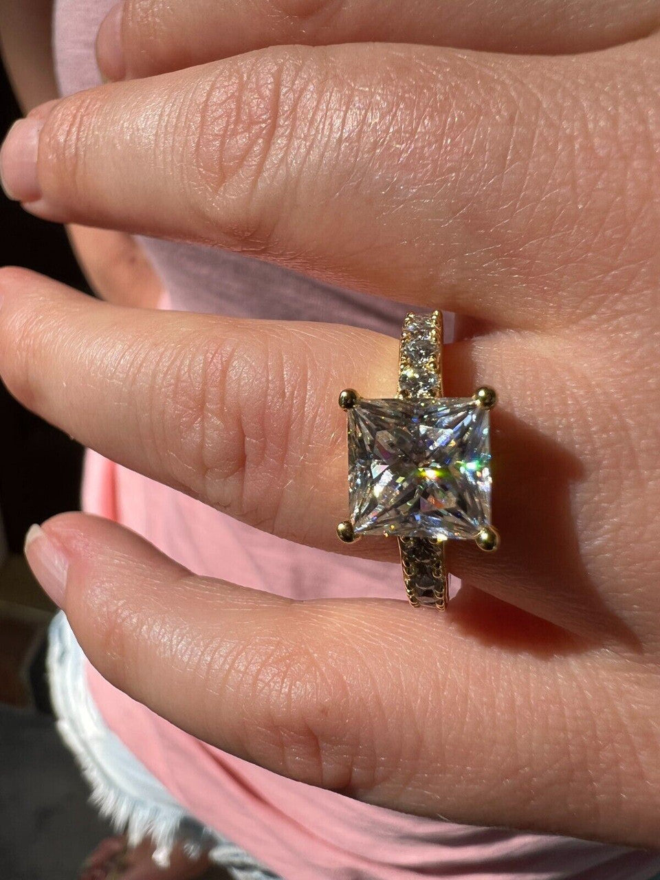 Real Princess Cut MOISSANITE Engagement Promise Ring 14k Gold Plated 925 Silver