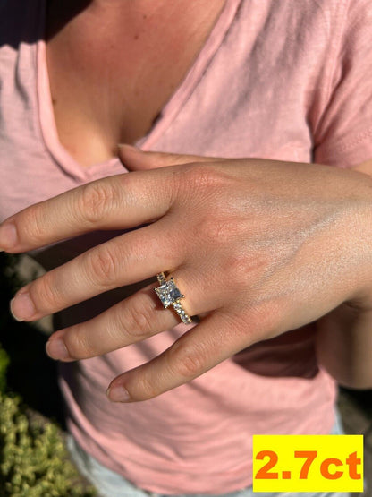 Real Princess Cut MOISSANITE Engagement Promise Ring 14k Gold Plated 925 Silver