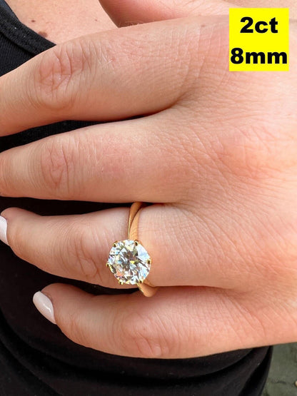 Real Solid 14k Yellow Gold 2ct 8mm VVS D Moissanite Engagement Solitaire Ring
