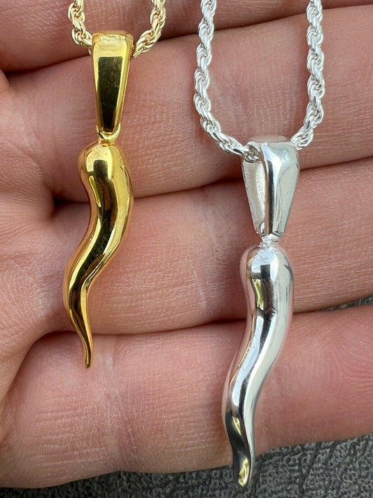 Real Solid 925 Silver / Gold Italian Cornicello Horn Pepper Pendant Necklace