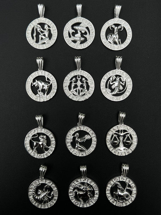 Real Solid 925 Silver Zodiac Astrology Sign Pendant Necklace Plain Medallion 1"