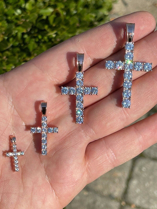 Real Solid 925 Silver & 14k Rose Gold Tennis Cross Pendant Diamond Iced Necklace