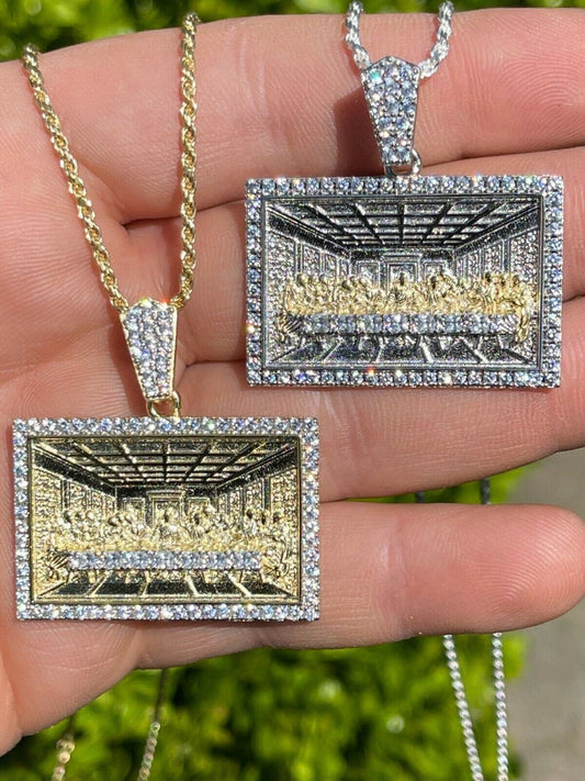 Real Solid 925 Silver & Gold Iced Men's Jesus Last Supper Pendant Italy Necklace