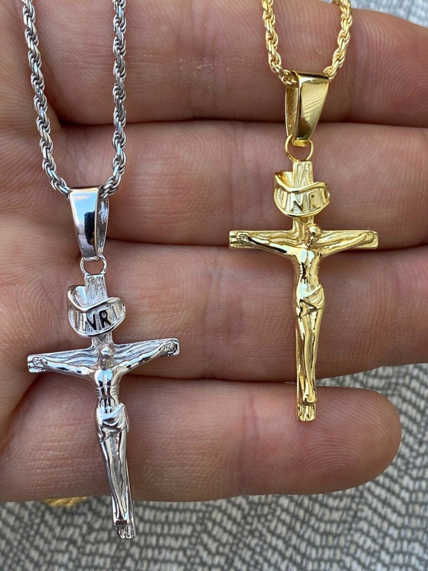 Real Solid 925 Sterling Silver Plain Gold Cross Jesus Crucifix Pendant Necklace