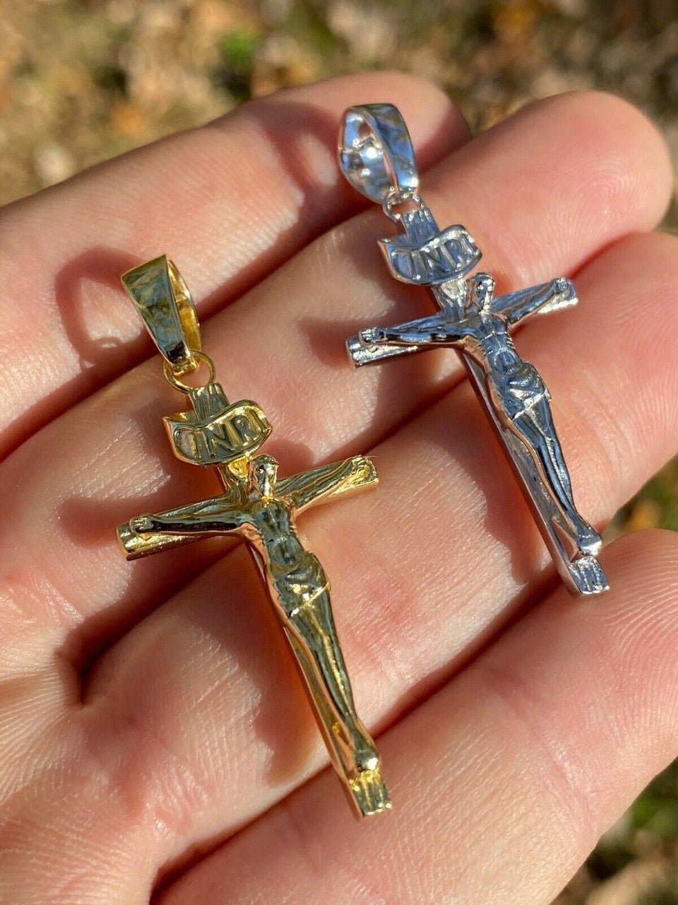 Real Solid 925 Sterling Silver Plain Gold Cross Jesus Crucifix Pendant Necklace