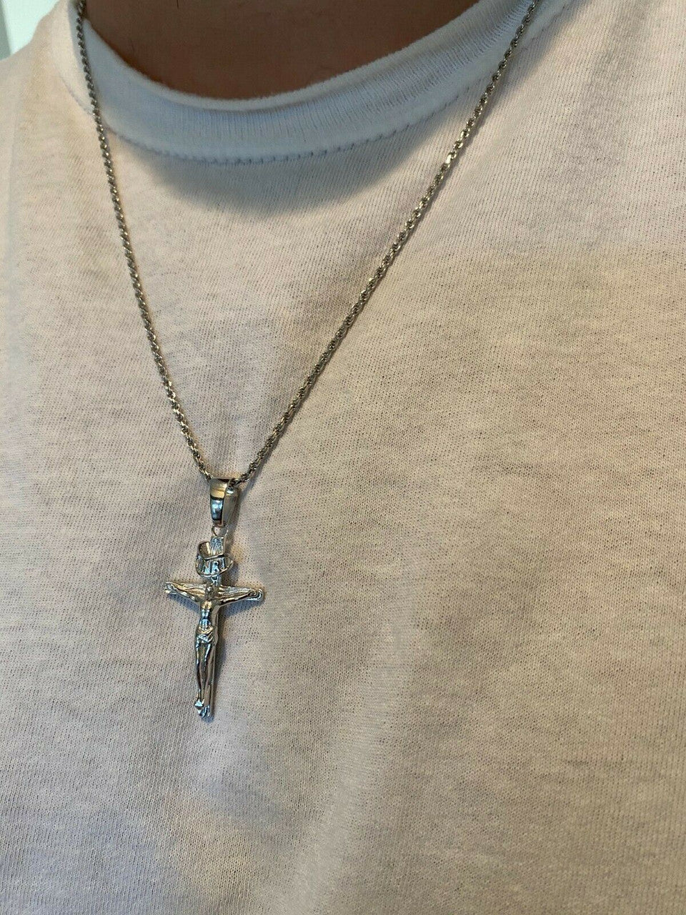 Real Solid 925 Sterling Silver Plain Gold Cross Jesus Crucifix Pendant Necklace