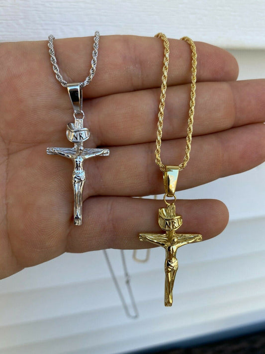 Real Solid 925 Sterling Silver Plain Gold Cross Jesus Crucifix Pendant Necklace
