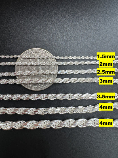 Rope Chain Necklace - 925 Sterling Silver - 16"-30" - 1.5mm-5mm
