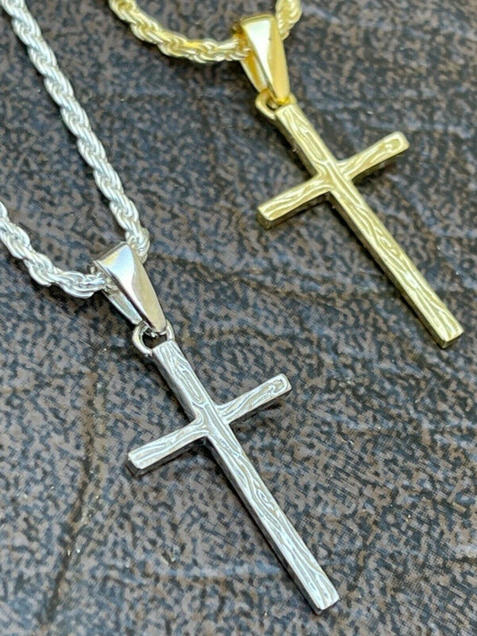 Small 0.75" Plain Cross Pendant Solid 925 Sterling Silver / 14k Gold Necklace