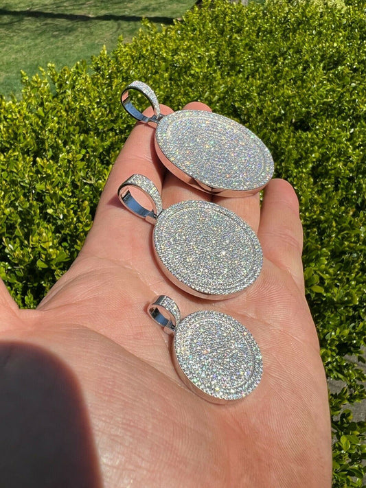 Solid 925 Silver Bling Out Iced Round Hip Hop Dog Tag Medallion Pendant Necklace
