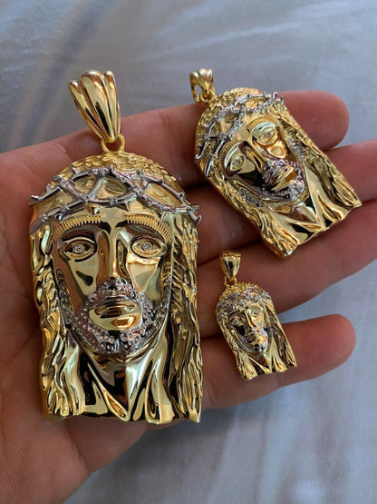 Solid 925 Silver & 14k Gold Jesus Piece HIP HOP 0.1ct REAL Natural Diamond Iced