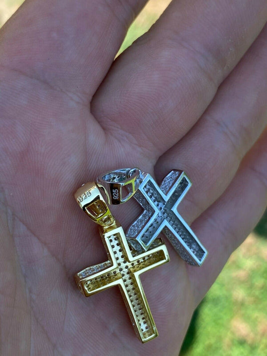 Solid 925 Sterling Silver 1" Iced Diamond Cross Pendant - Gold Hip Hop Necklace