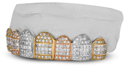 Tri Colors Yellow, White,rose Honeycomb Prong / Invisbale Set Diamond Grill