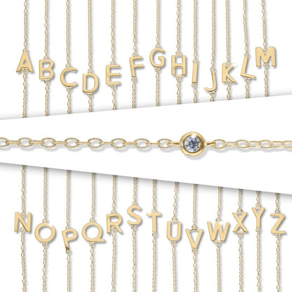 14K Gold Plated CZ Bezel Set Initial Rolo Necklace - 18"