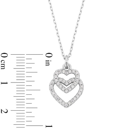 Solid Sterling Silver CZ Graduated Double Heart Outline Drop Pendant - 18"