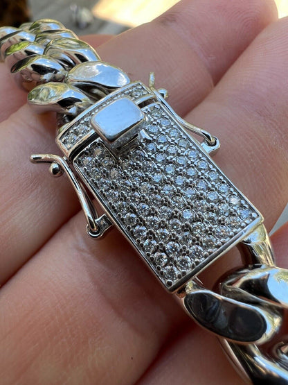 MOISSANITE Iced Clasp Miami Cuban Link Chain Necklace Or Bracelet - 925 Silver - 7"-30" - 12mm