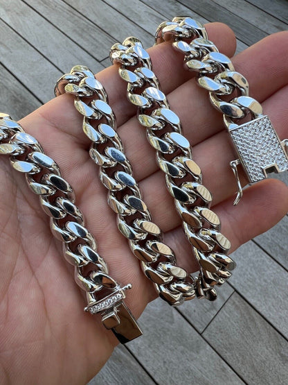 MOISSANITE Iced Clasp Miami Cuban Link Chain Necklace Or Bracelet - 925 Silver - 7"-30" - 12mm