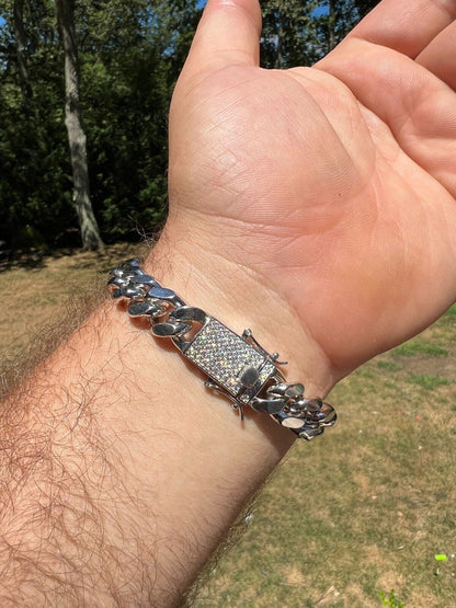 MOISSANITE Iced Clasp Miami Cuban Link Chain Necklace Or Bracelet - 925 Silver - 7"-30" - 12mm