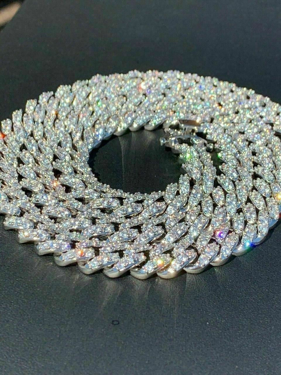 MOISSANITE Big Stone Miami Cuban Link Chain Necklace Iced Out - 925 Silver - 12mm - 16"- 30"
