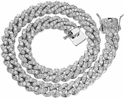 MOISSANITE Big Stone Miami Cuban Link Chain Necklace Iced Out - 925 Silver - 12mm - 16"- 30"