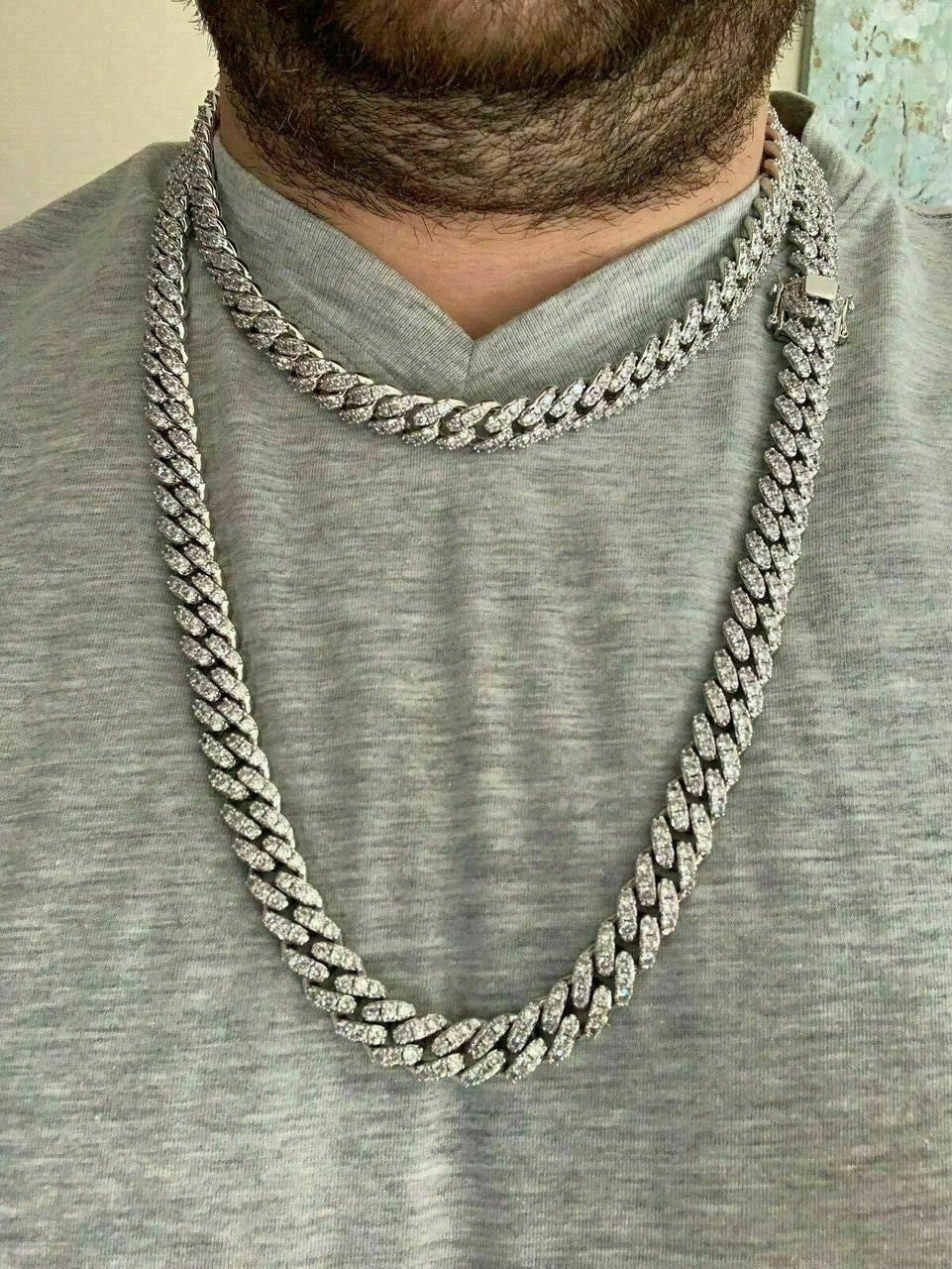 MOISSANITE Big Stone Miami Cuban Link Chain Necklace Iced Out - 925 Silver - 12mm - 16"- 30"