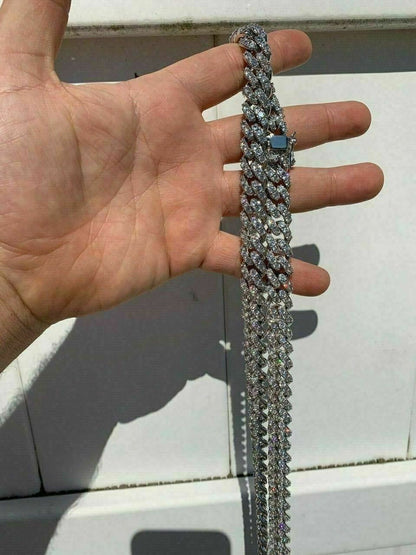 MOISSANITE Big Stone Miami Cuban Link Chain Necklace Iced Out - 925 Silver - 12mm - 16"- 30"
