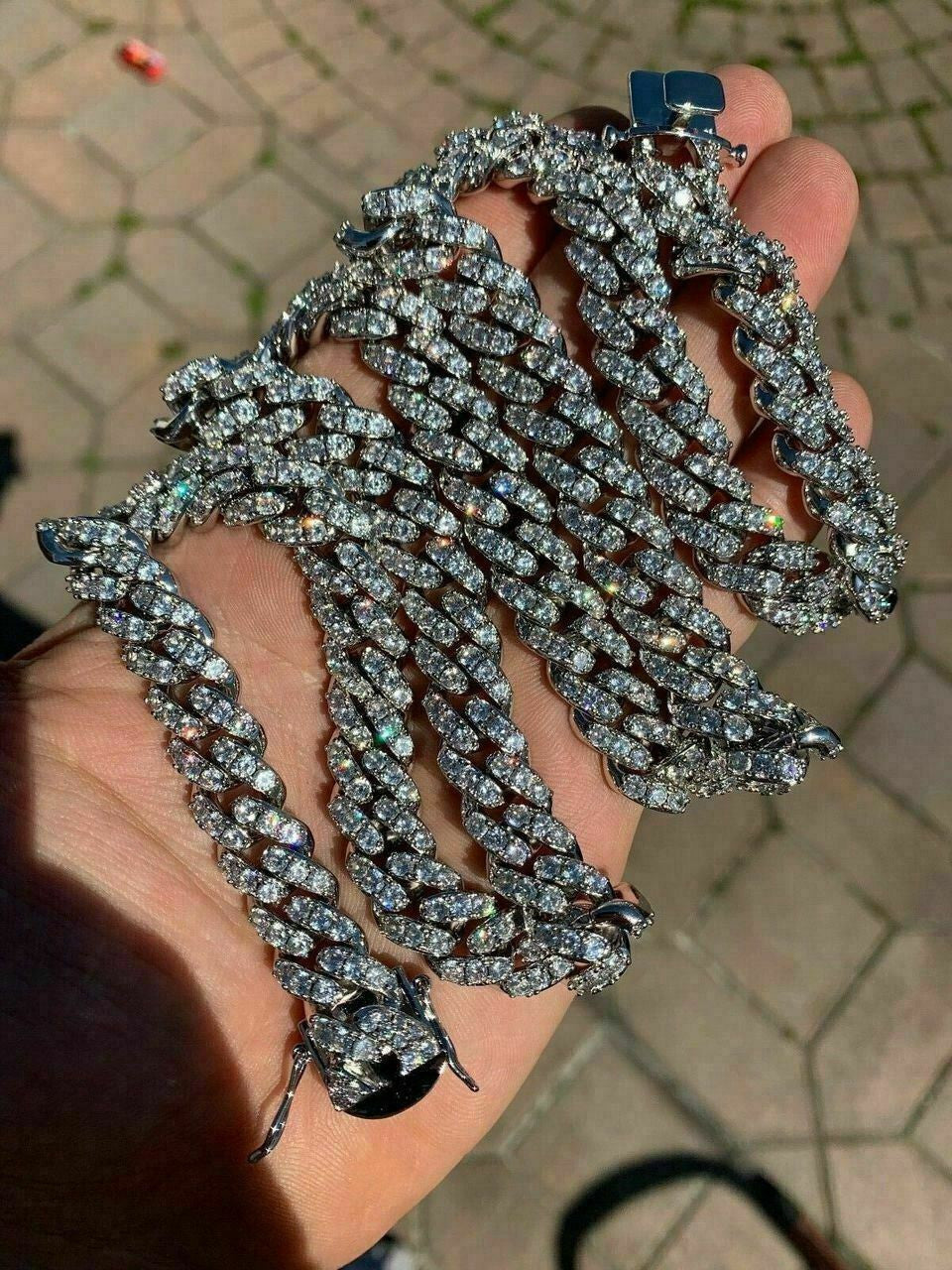 MOISSANITE Big Stone Miami Cuban Link Chain Necklace Iced Out - 925 Silver - 12mm - 16"- 30"