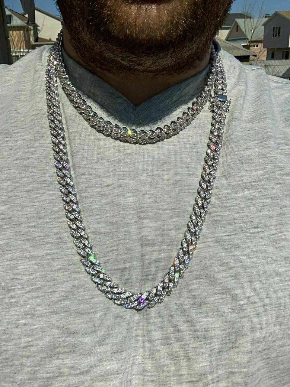 MOISSANITE Big Stone Miami Cuban Link Chain Necklace Iced Out - 925 Silver - 12mm - 16"- 30"