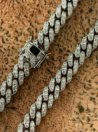 MOISSANITE Big Stone Miami Cuban Link Chain Necklace Iced Out - 925 Silver - 12mm - 16"- 30"