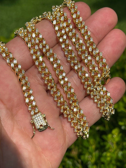 Baguette Miami Cuban Link Chain Necklace Iced Out CZ Stones - 14k Gold Vermeil 925 Silver - 6mm - 16-30"