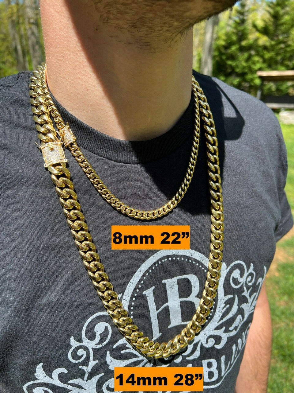 MOISSANITE CLASP Miami Cuban Link Chain Necklace - 14k Yellow Gold Plated Stainless Steel - 16"-30" - 8mm-14mm