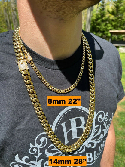 MOISSANITE CLASP Miami Cuban Link Chain Necklace - 14k Yellow Gold Plated Stainless Steel - 16"-30" - 8mm-14mm