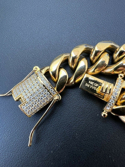 MOISSANITE CLASP Miami Cuban Link Chain Necklace - 14k Yellow Gold Plated Stainless Steel - 16"-30" - 8mm-14mm