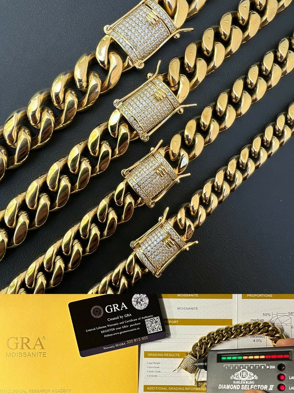 MOISSANITE CLASP Miami Cuban Link Chain Necklace - 14k Yellow Gold Plated Stainless Steel - 16"-30" - 8mm-14mm