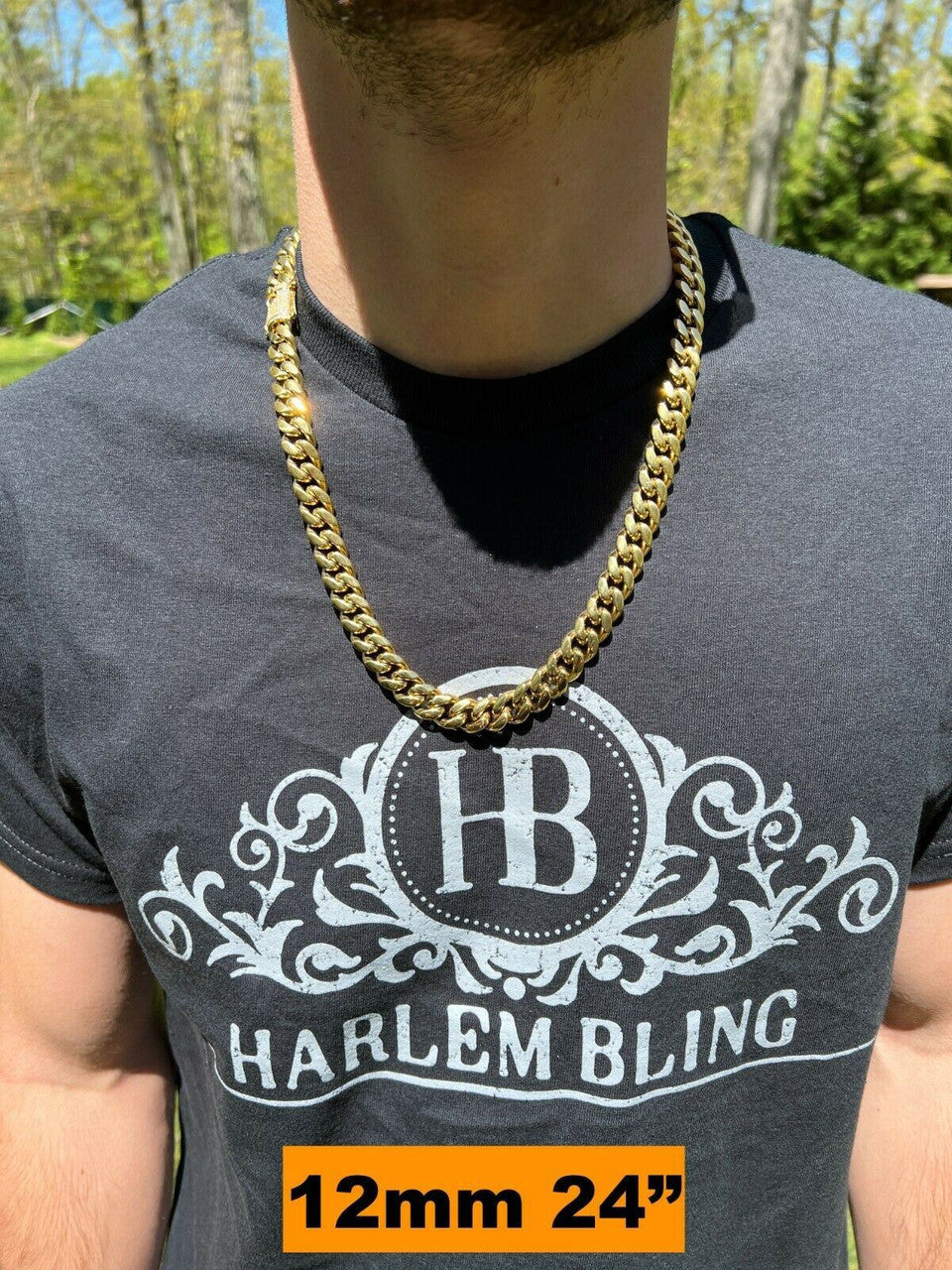 MOISSANITE CLASP Miami Cuban Link Chain Necklace - 14k Yellow Gold Plated Stainless Steel - 16"-30" - 8mm-14mm