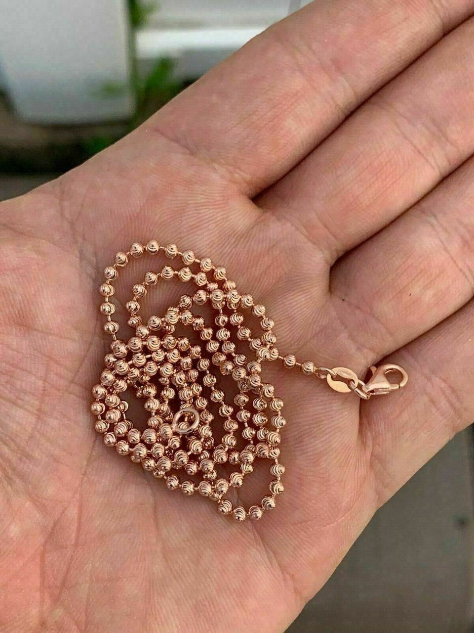 Ball Bead Moon Cut "Dog Tag" Chain Necklace - Rose Gold Vermeil 925 Sterling Silver - 16"-30" - 2.5mm