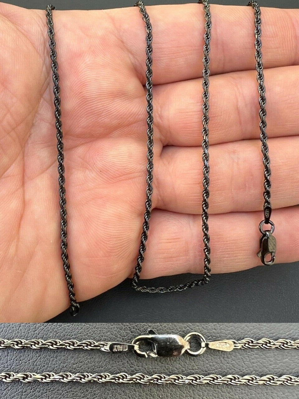 Rope Chain Necklace - Black Rhodium Over 925 Sterling Silver - 16"-30" - 2mm