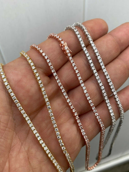 Micro Tennis Chain Necklace Iced Out CZ Stones - 14k Gold Vermeil, Rose Gold Vermeil Or 925 Silver - 2mm - 14"-28"