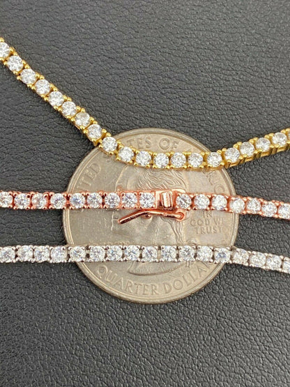 Micro Tennis Chain Necklace Iced Out CZ Stones - 14k Gold Vermeil, Rose Gold Vermeil Or 925 Silver - 2mm - 14"-28"