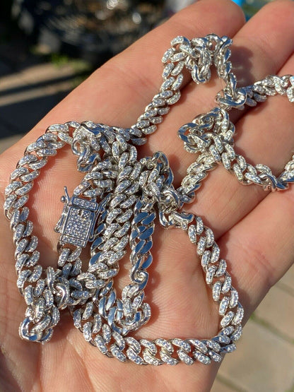Everyday Wear Miami Cuban Link Chain Necklace Iced Out CZ Stones - 925 Silver - 6mm- 16-30"