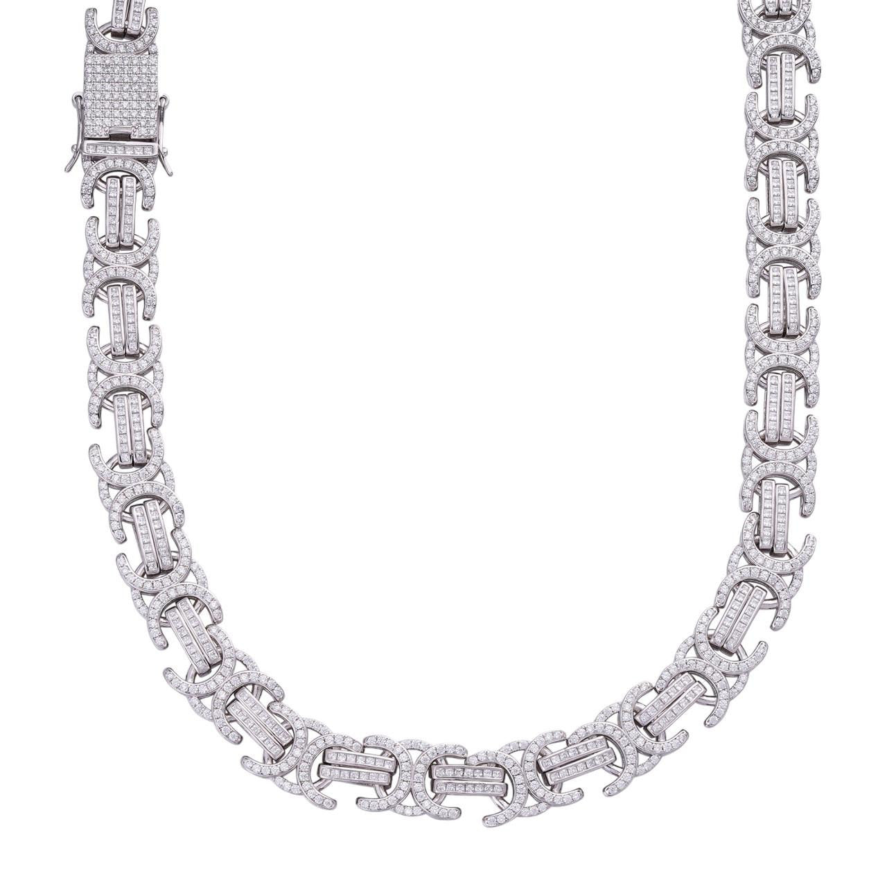 Byzantine Link Chain Necklace Iced Out CZ Stones - 925 Silver - 14mm - 18"-30"