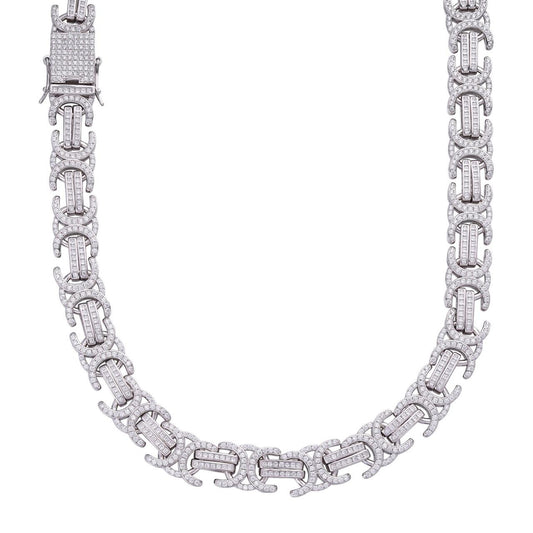 Byzantine Link Chain Necklace Iced Out CZ Stones - 925 Silver - 14mm - 18"-30"