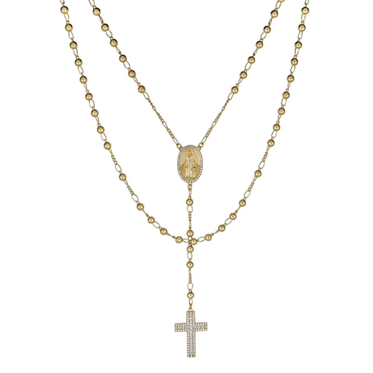 Classic Italian Virgin Mary Rosary Beads Necklace Iced Out CZ Stones - 14k Gold Vermeil 925 Silver - 4mm - 24"